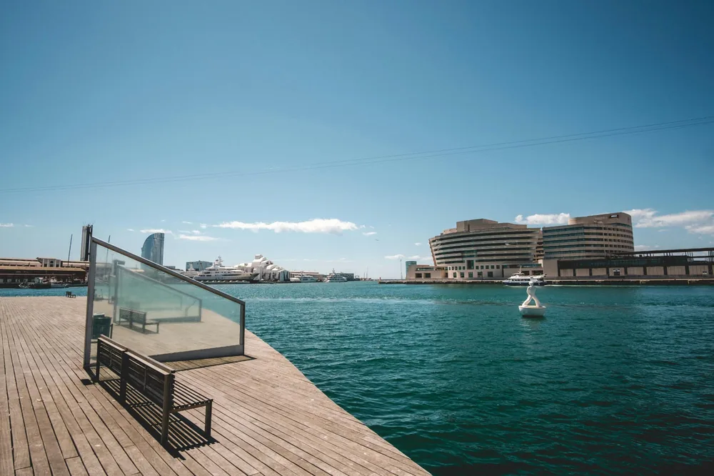 Wooden boardwalk along the Barcelona waterfront